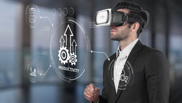 A businessman engages with a virtual reality headset in a modern office environment, illustrating the intersection of technology and productivity through digital insights and visual data. Raster