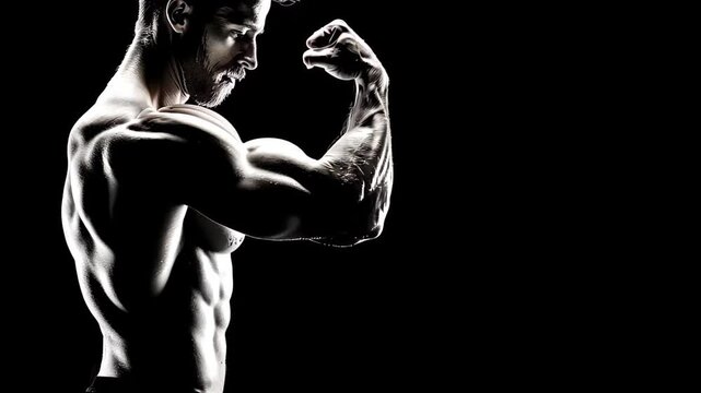 Sculpted Strength: A muscular figure flexes their bicep, a testament to dedication and power, captured in striking high-contrast light and shadow. 