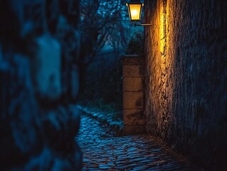 Cobbled alleyway at twilight, lit by a vintage lantern