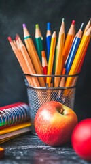 Colorful pencils, notebooks, and apple on dark background