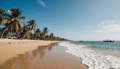 Serene tropical beach with golden sand and palm trees swaying under clear blue sky Generative AI