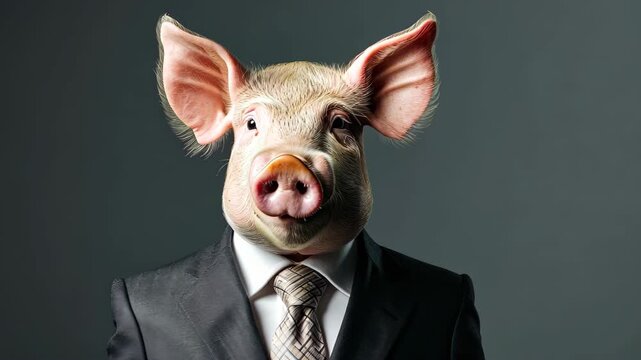 Business Pig's Persona: A striking portrayal of a pig in a suit, capturing a unique blend of animal and human elements, conveying concepts of business.
