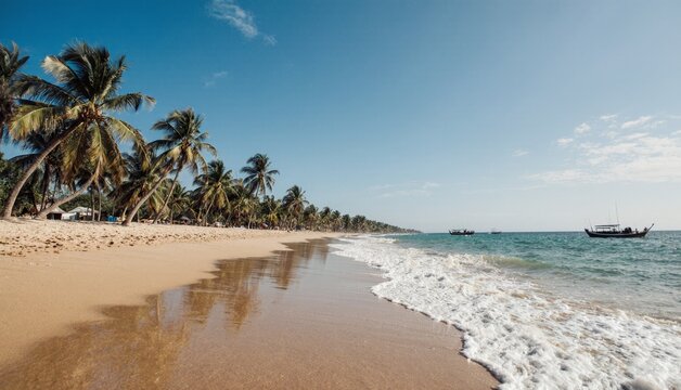Serene tropical beach with golden sand and palm trees swaying under clear blue sky Generative AI