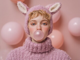 A girl in a reindeer costume, looking beautiful, is all set for a New Year's party with green and pink Christmas decorations