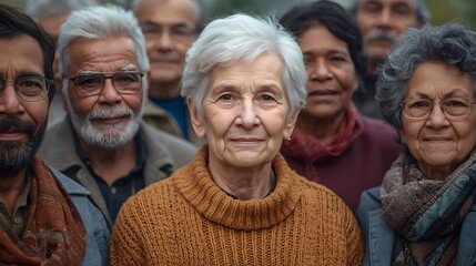 Heartwarming outdoor portrait of a serene elderly woman standing among a diverse group of older adults, capturing unity, wisdom, community support, and the strength of shared life experiences in natur