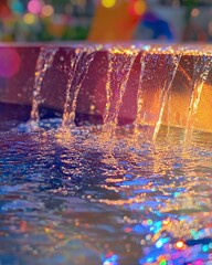 Colorful fountain water cascading over a stone ledge. Blurred lights in the background