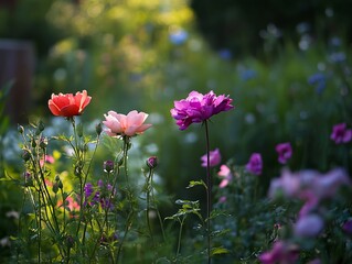 Colorful flowers in a garden bathed in sunlight