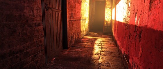 Dim, sunlit corridor with aged brick walls and a wooden door