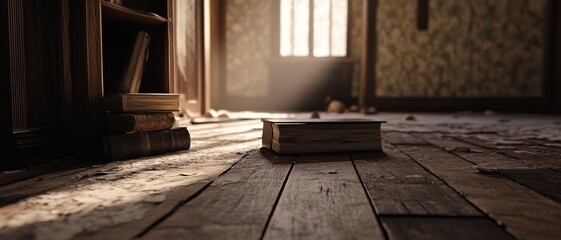 Dusty antique room with aged wood floor and books