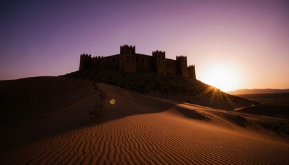 Obraz premium Majestic castle silhouette against a vibrant desert sunset in golden hour Generative AI