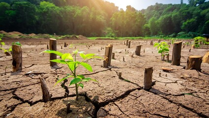 Fragile green seedling growing from dry cracked earth hope and resilience