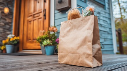 The customer's online grocery store order is delivered safely and without contact to their home door in a thermal food delivery bag and a grocery bag