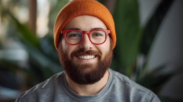 Warm portrait of a cheerful bearded man wearing an orange beanie and bright eyewear, captured in soft natural light with a cozy indoor atmosphere that highlights his friendly expression and relaxed mo