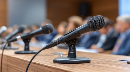At a business conference, corporate presentation, workshop, coaching training, news conference, or company meeting, the microphones take center stage, with unrecognizable people in the background