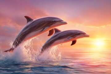 A pair of purple dolphins spring from the shimmering water, crafting a dazzling summer setting that recalls a paradise