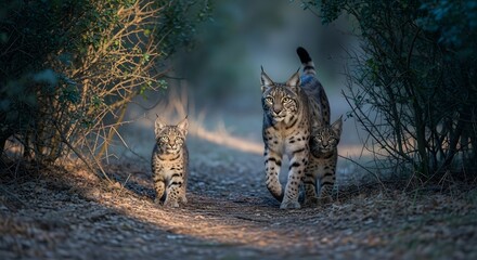 A lynx family walking on a path in the forest with two kittens following closely behind the mother cat