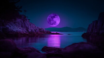 A bright pink moon glows with intensity, enveloped by clouds that boast bold pink and purple shades