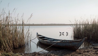 Obraz premium Calm water scene with a wooden boat and ducks at sunset in a tranquil landscape Generative AI