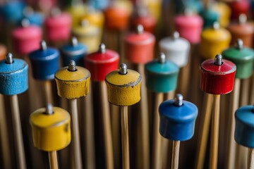 Close-up of colorful tops on wooden rods