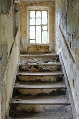 Decaying, dusty stairs in a crumbling building.  Sunlight streams through a broken window