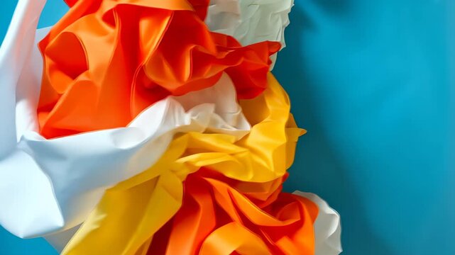Candy Corn Fabric: Vibrant fabrics in the iconic colors of candy corn cascade elegantly, creating a visually striking display of color and texture, capturing the spirit of autumn and treats.