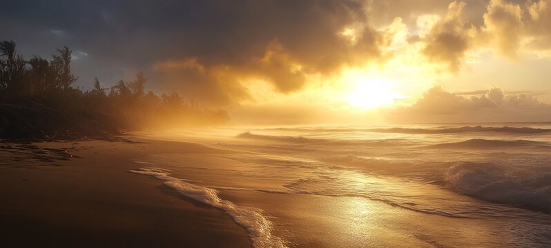 Golden sunrise over a misty beach - Powered by Adobe