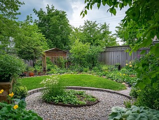 Lush backyard garden with gravel pathways and pergola