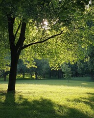 Lush green parkland bathed in sunlight