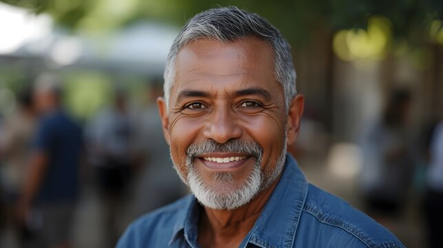 Warm and natural outdoor portrait of a mature man smiling confidently in soft daylight, capturing genuine expression, friendly energy, relaxed atmosphere, and authentic lifestyle character in a casual