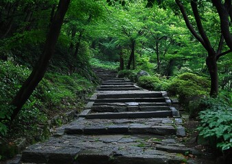 Lush green path with stone steps winding through a forest