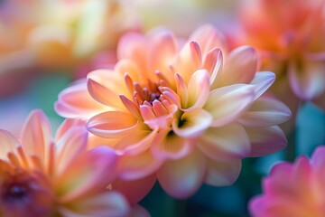 Close-up of vibrant, soft peach and pastel pink dahlia blossoms