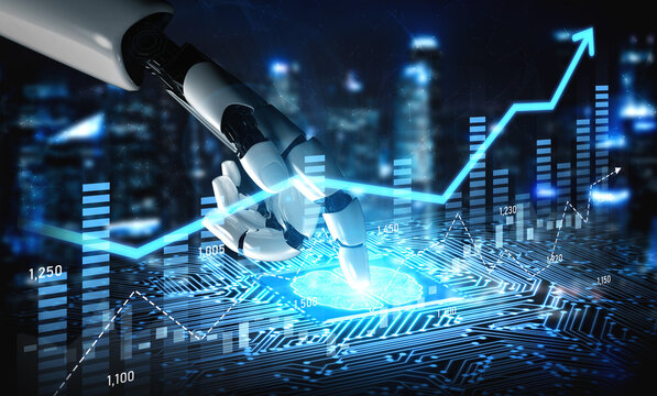 A robotic hand interacts with a digital interface, showcasing fluctuating graphs and data points, symbolizing the future of technology, analytics, and growth. Scalp