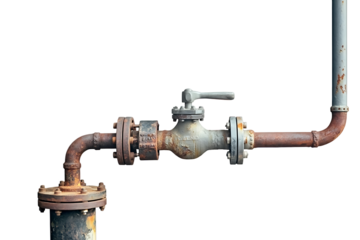 Old rusty pipes, aged weathered isolated grunge rust iron pipeline and plumbing connection joints, industrial tap fittings, faucets, valve, large detailed horizontal closeup 