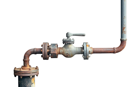 Old rusty pipes, aged weathered isolated grunge rust iron pipeline and plumbing connection joints, industrial tap fittings, faucets, valve, large detailed horizontal closeup 