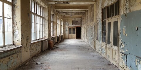 Empty, decaying hallway with peeling paint and large windows