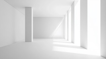 Empty white room with pillars and large windows