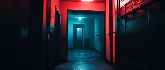 Neon-lit corridor with dark, foreboding atmosphere