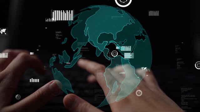 A close-up view of hands typing on a keyboard with a digital globe overlay. This image symbolizes global connectivity, data analytics, and the influence of technology in modern workspaces. Xenic - Powered by Adobe