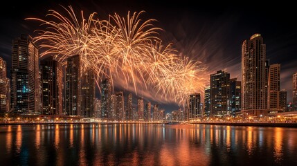 Obraz premium fireworks over city skyline at night