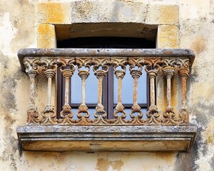 Ornate stone balcony on weathered building
