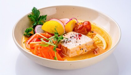 Delicious Salmon Dish with Vibrant Vegetables and Zesty Lemon Garnish Presentation