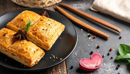 Delicious puff pastry squares on a black plate with vibrant spices and aromatic herbs