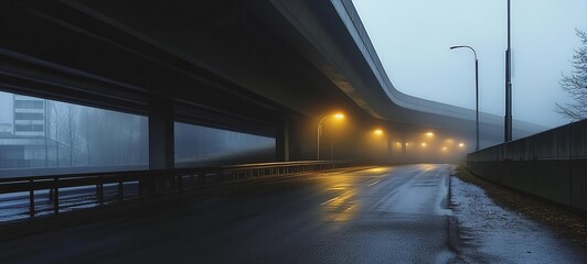 Foggy highway underpass at dawn