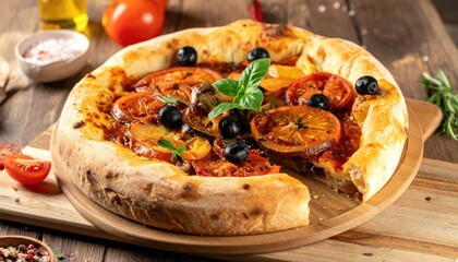 Delicious homemade pizza with fresh tomatoes, olives, and basil on a wooden table