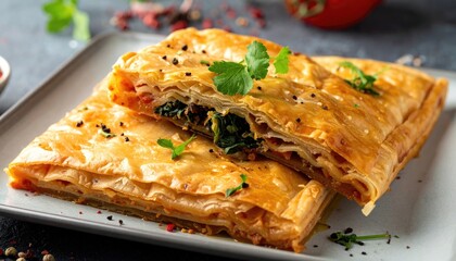 Delicious Spanakopita with Crispy Layers and Fresh Spinach Filling on a Plate