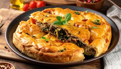 Delicious spinach and meat pie with a flaky crust, perfect for a savory lunch or dinner arrangement