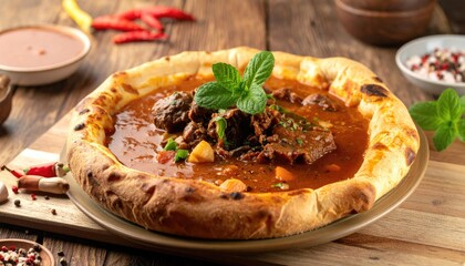 Delicious traditional goulash served in a bread bowl, showcasing Hungarian cuisine and culinary art