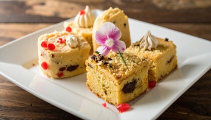 Elegant platter of gourmet cakes adorned with flower and delicate toppings inviting a delectable