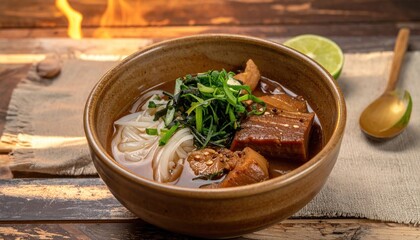 Exquisite bowl of japanese ramen with pork belly and fresh green garnish on wood table