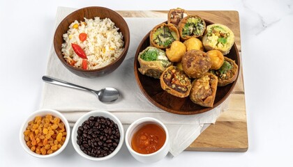 Exquisite culinary arrangement featuring vibrant rice bowl and diverse pastry platter